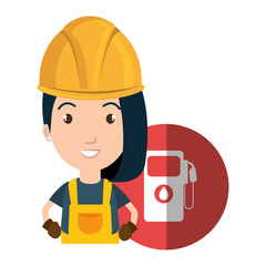 avatar woman smiling industrial worker with safety equipment and gas station pump icon over red circle. vector illustration