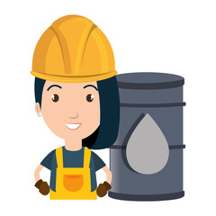 avatar woman smiling industrial worker with safety equipment and oil can over yellow circle icon. vector illustration