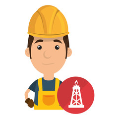 avatar industrial worker with safety equipment and oil rig tower icon over red circle. vector illustration