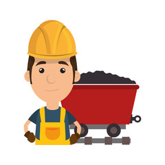 Fototapeta na wymiar avatar man smiling industrial worker with safety equipment and cargo wagon with coal. vector illustration