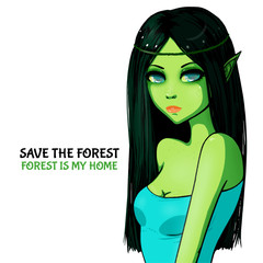 Deep forest elf with black hair and green skin. Blue top. Fantasy character