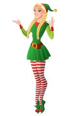 Cute girl with braids in green Christmas elf costume flying.