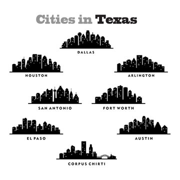 City Skyline Cityscape of Cities in Texas - Silhouette