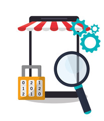 Smartphone padlock lupe and gears icon. Security system warning and protection theme. Colorful design. Vector illustration