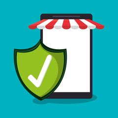 Smartphone and shield icon. Security system warning and protection theme. Colorful design. Vector illustration