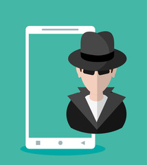 Hacker cartoon and smartphone icon. Security system warning and protection theme. Colorful design. Vector illustration