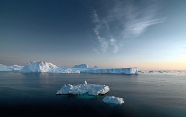 Beautiful icebergs are on the arctic ocean in Greenland