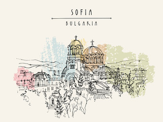 St. Alexander Nevsky Cathedral in Sofia, Bulgaria. Hand drawing in retro style. Travel sketch. Vintage touristic postcard, poster, calendar or book illustration