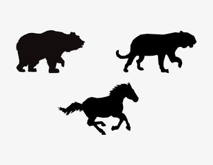 silhouetttes of horse big cat and bear icons image vector illustration design 