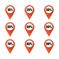 Set of orange map pins with different percentage. Isolated