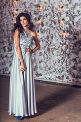 Elegant beautiful brunette posing, smiling, looking at camera. S