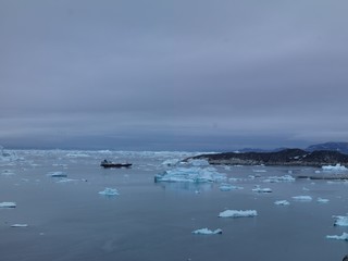 Huge icebergs are on the arctic ocean in Greenland