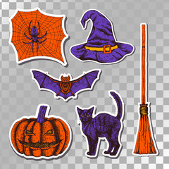 Hand drawn halloween set of stickers. Vector illustration.