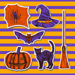 Hand drawn halloween set of stickers. Vector illustration.