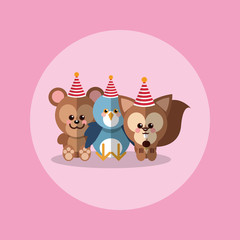 bird bear and squirrel cute festive animals with party hat image vector illustration design 