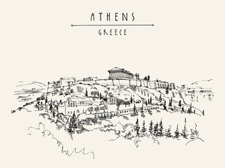 Parthenon temple and the Acropolis hill in Athens, Greece. Hand drawing in retro style. Travel sketch. Vintage touristic postcard, poster, calendar or book illustration