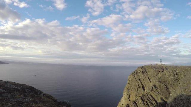 Time-lapse of the north cape monument, in front of moving fog in the barent sea, in Nordkapp, Finnmark, Norway