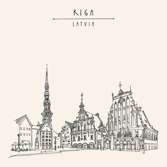 Fototapeta premium House of the Blackheads, St. Peters Church and statue of Roland in Riga old town, Latvia, Europe. Hand drawn postcard