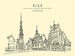 House of the Blackheads, St. Peters Church and statue of Roland in Riga old town, Latvia, Europe. Hand drawn postcard