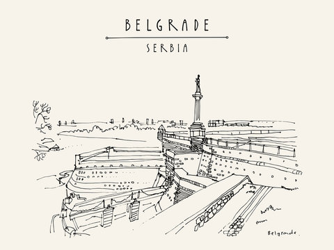 Kalemegdan Fortress and Viktor Monument in Belgrade, Serbia. Hand drawing in retro style. Travel sketch. Vintage touristic postcard, poster, calendar or book illustration