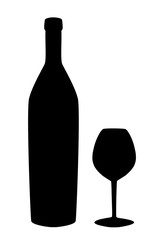 Wine bottle and glass silhouette isolated on white background.  icon or sign.