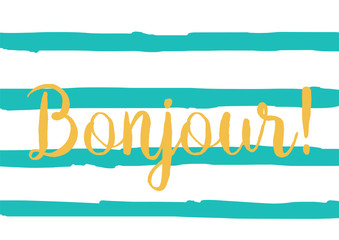 Bonjour inscription. Greeting card with calligraphy. Hand drawn design. Black and white. © pavector