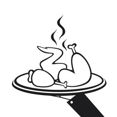 Hand holding plate with roasted chicken. Vector illustration