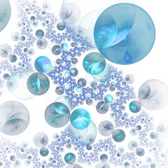 Abstract transparent bubbles. Fantasy ornament on white background. Computer-generated fractal in blue colors.