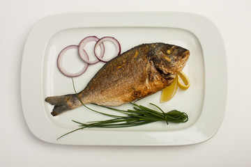 grilled fish on a plate with onions and lemon