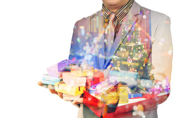 Double Exposure of Businessman with Christmas tree and Gift box