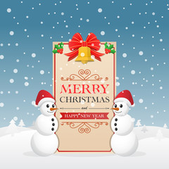 Christmas greeting card with snowman and decorative Christmas be