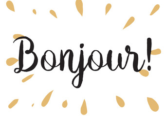 Bonjour inscription. Greeting card with calligraphy. Hand drawn design. Black and white. © pavector
