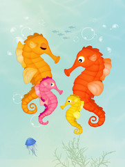 Naklejka premium ilustracja koników morskich w oceanie