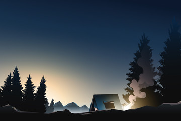 camping in pine wood on mountain when sunrise