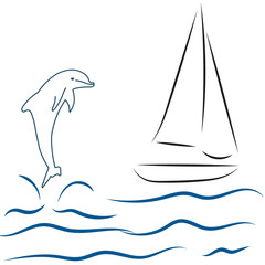 sail boat sea and dolphin,