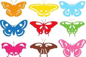 Set of different colored silhouettes butterflies isolated on white background. Vector illustration.