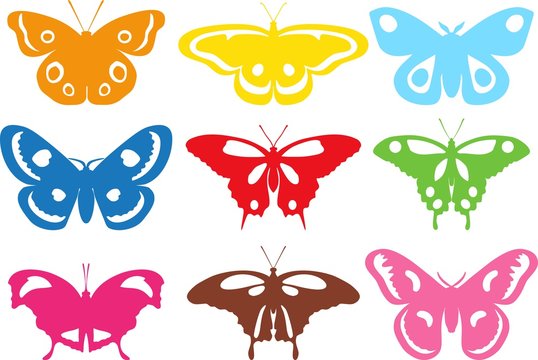 Set of different colored silhouettes butterflies isolated on white background. Vector illustration.