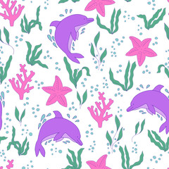 Naklejka premium Vector seamless pattern. Hand-drawn doodle set of sea life