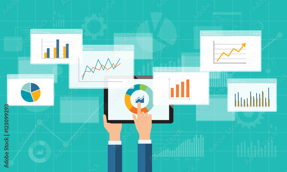 Poster flat business analytics graph on mobile device and  finance investment planning background 
