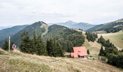 Chata pod Borisovom chalet with mountain meadow and hills around in Velka Fatra mountains in Slovakia