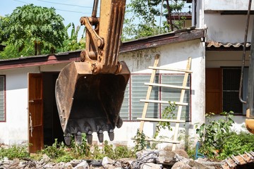 bucket Excavator. excavator destruction in Work outdoor  construction