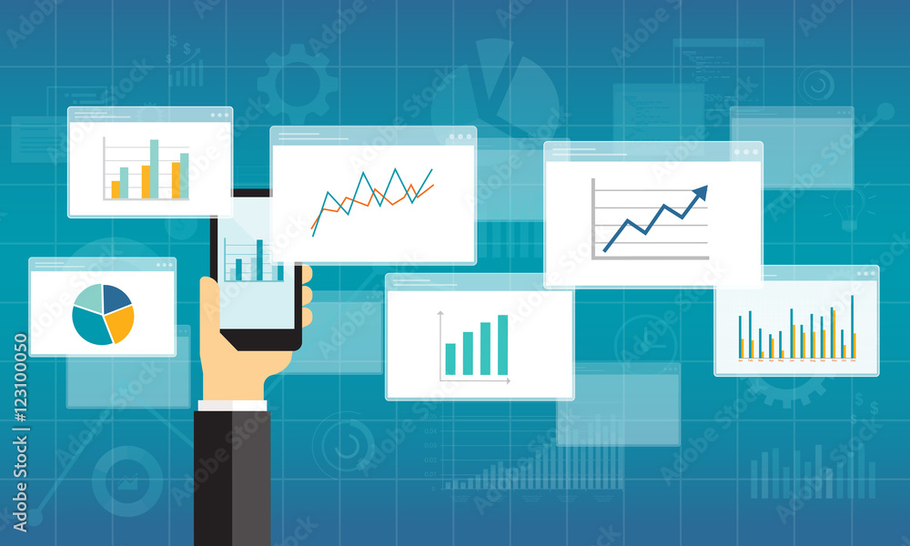 Poster flat business analytics graph on mobile device and finance investment planning background