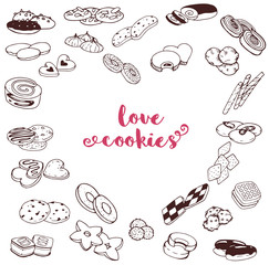 Hand-drawn collection of the different cookies desserts. Line art set of the food icons.