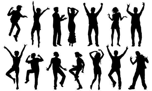 Black and white dancing silhouettes, vector set