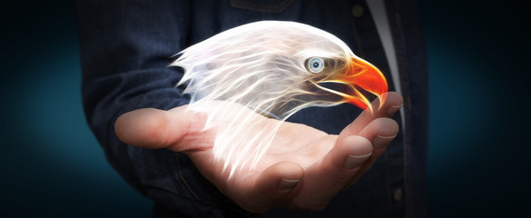 Person holding fractal endangered eagle illustration 3D renderin
