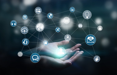 Businessman holding multimedia network 3D rendering