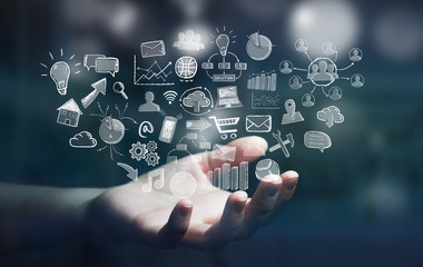 Businesswoman holding hand drawn web icons