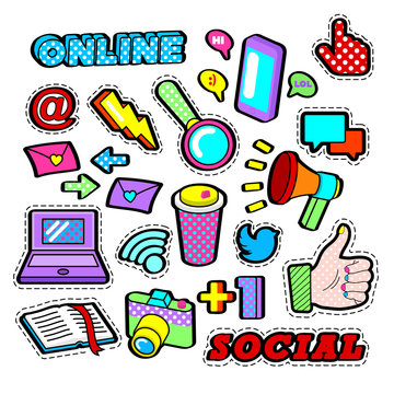 Fashion Badges, Patches, Stickers set with Social Network Elements - Laptop, Megaphone, Smartphone, e-mail in Pop Art Comic Style. Vector illustration