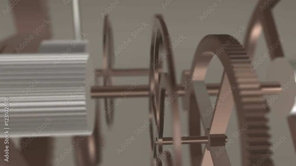 Poster metal gears in motion in a mechanical device. gearbox rotating machine parts