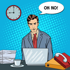 Pop Art Stressed Businessman with Laptop at Multi Tasking Office Work. Vector illustration